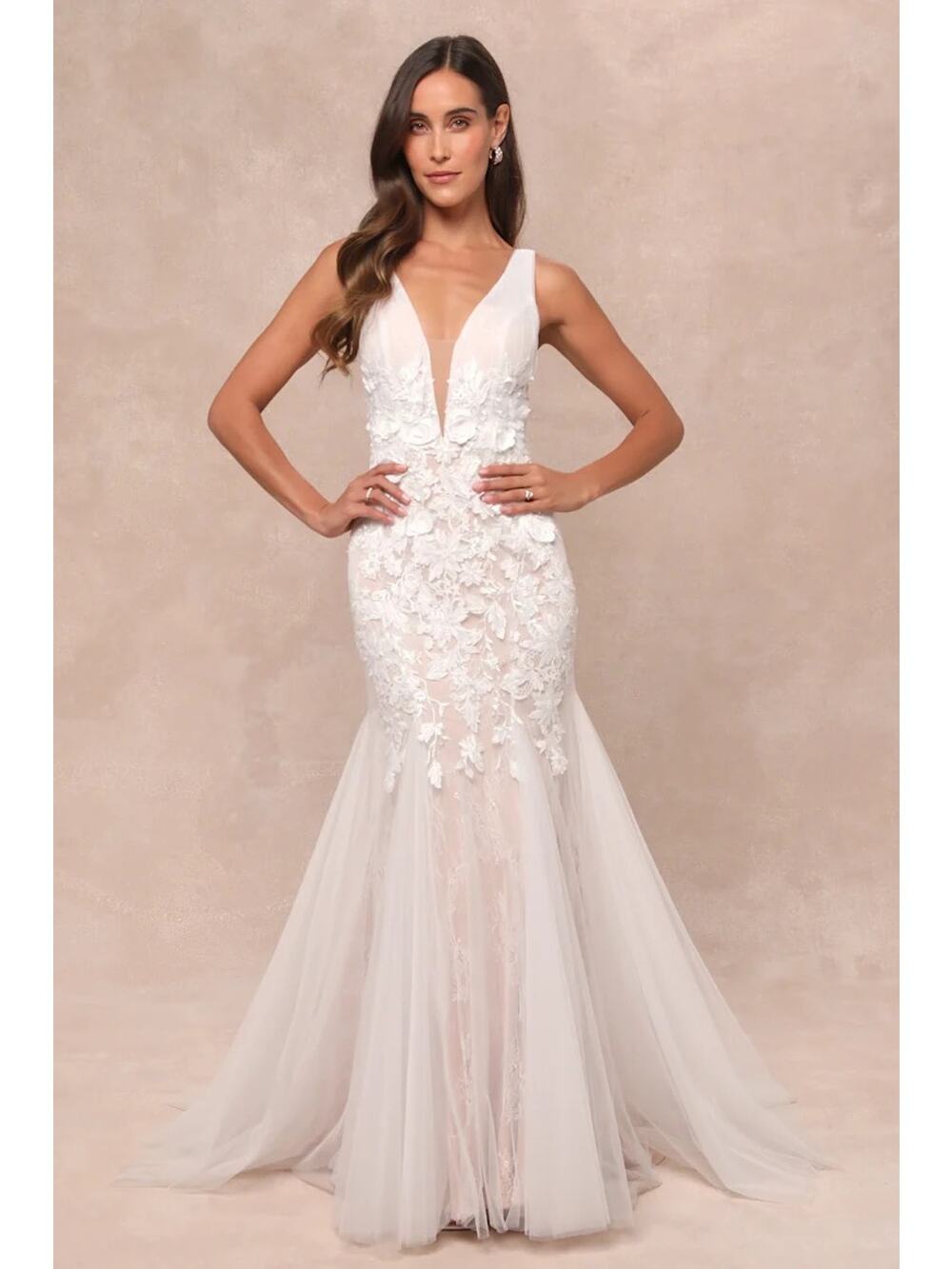 Lulus NWT Exceptional Vow White Tulle Lace Applique Mermaid Maxi Dress - Large